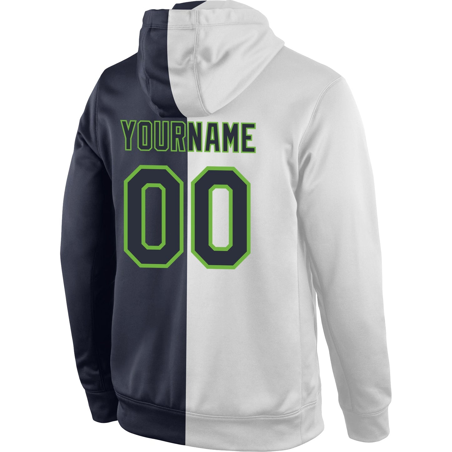Custom Stitched White Navy-Neon Green Split Fashion Sports Pullover Sweatshirt Hoodie view 3