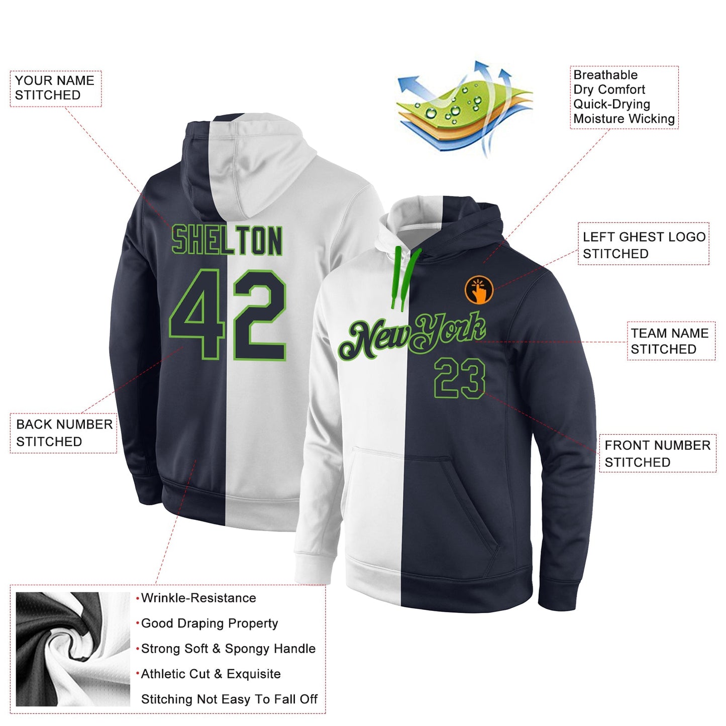 Custom Stitched White Navy-Neon Green Split Fashion Sports Pullover Sweatshirt Hoodie view 4