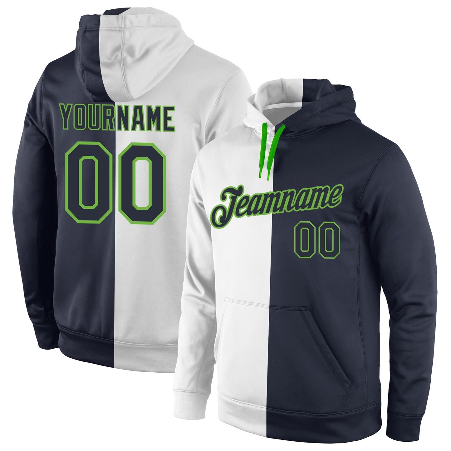 Custom Stitched White Navy-Neon Green Split Fashion Sports Pullover Sweatshirt Hoodie - Main View