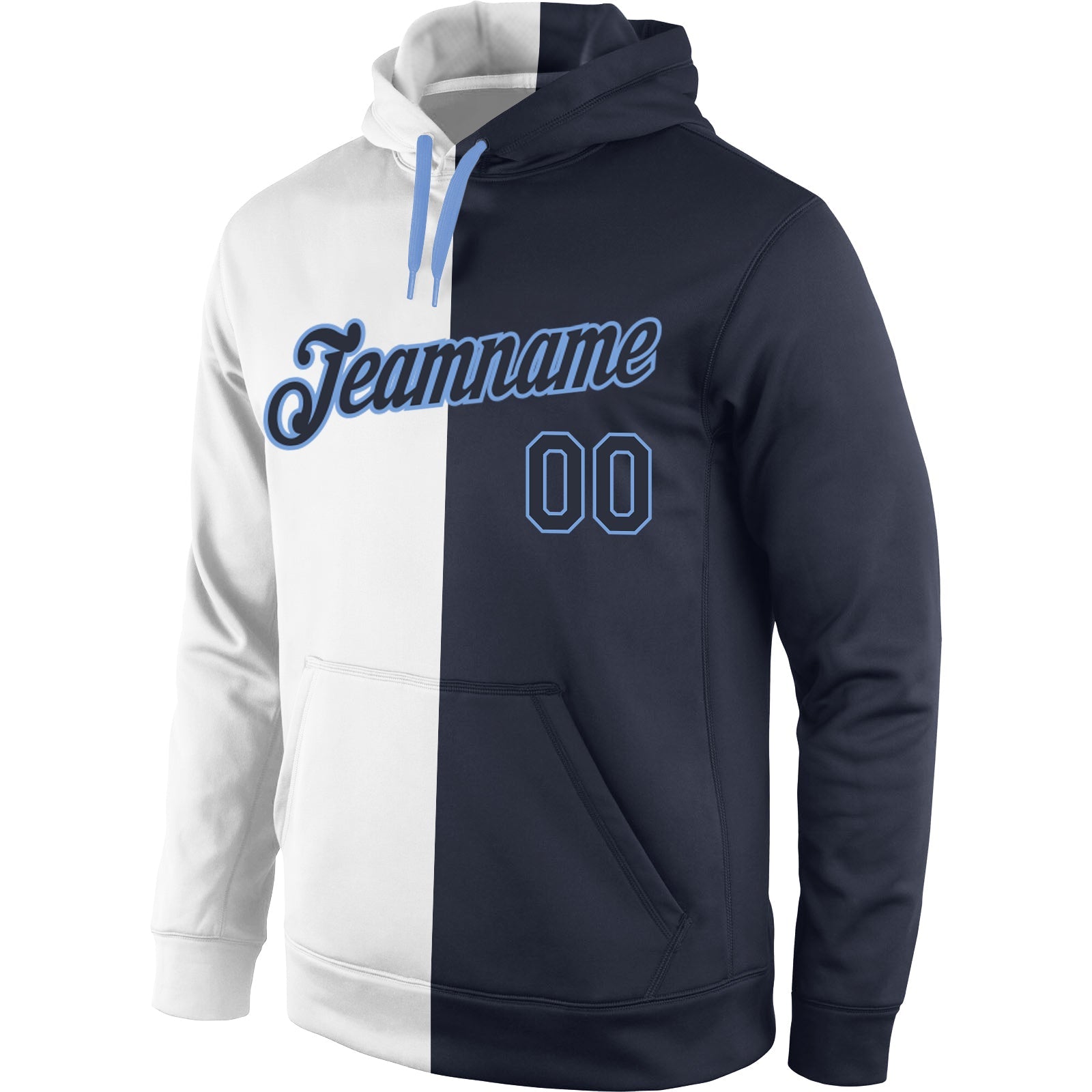 Custom Stitched White Navy-Light Blue Split Fashion Sports Pullover Sweatshirt Hoodie view 2