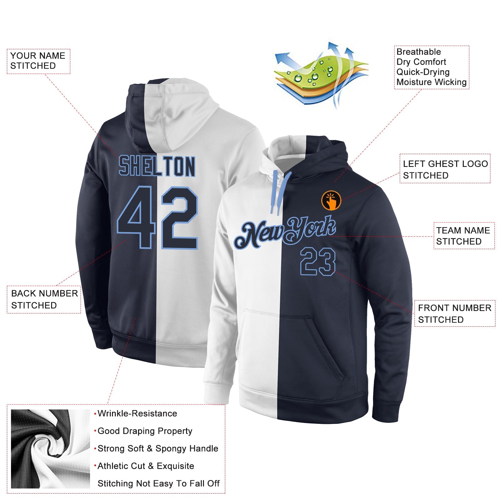 Custom Stitched White Navy-Light Blue Split Fashion Sports Pullover Sweatshirt Hoodie view 4