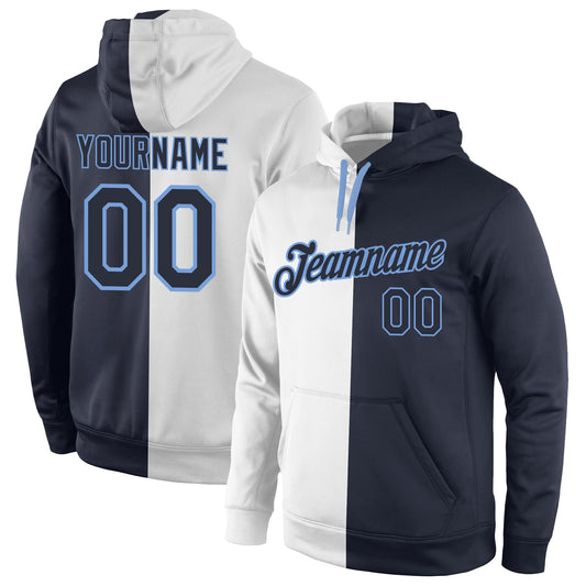 Custom Stitched White Navy-Light Blue Split Fashion Sports Pullover Sweatshirt Hoodie - Main View