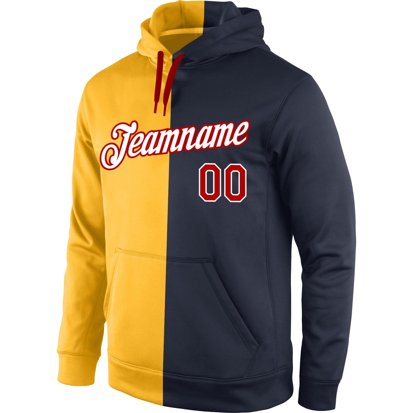Custom Stitched Gold Red-Navy Split Fashion Sports Pullover Sweatshirt Hoodie view 2