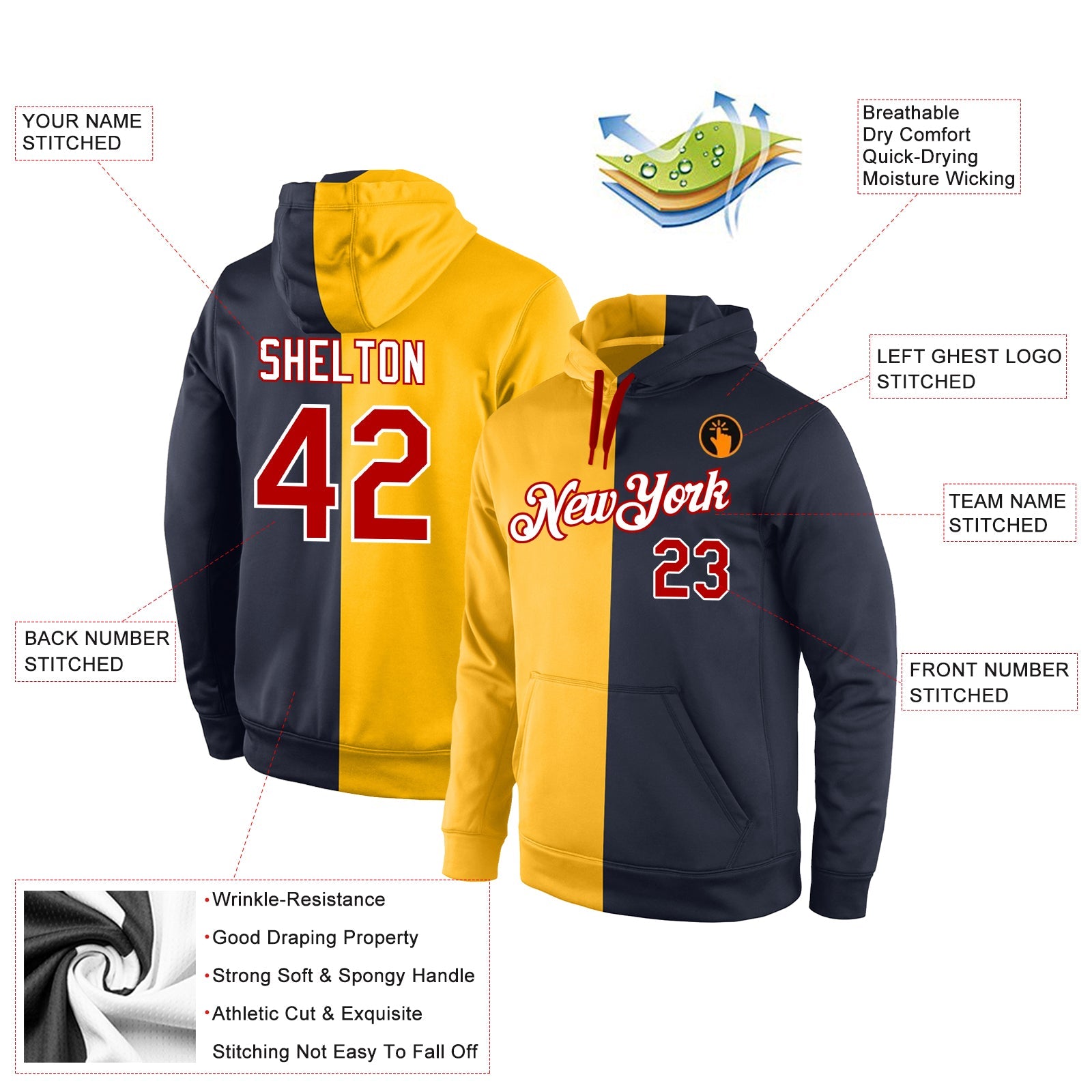 Custom Stitched Gold Red-Navy Split Fashion Sports Pullover Sweatshirt Hoodie view 4