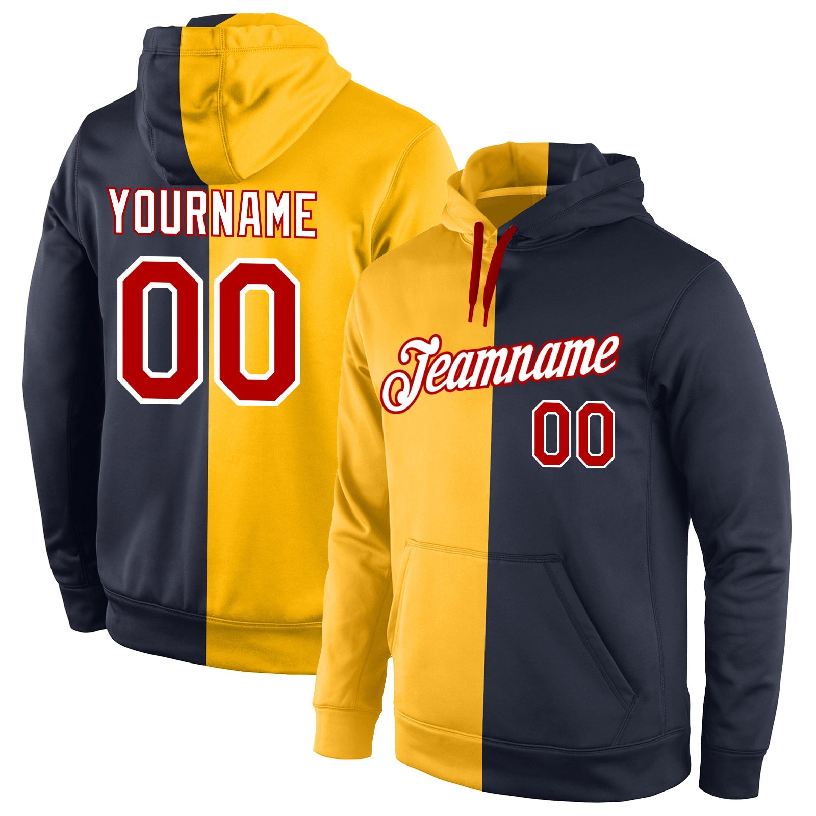 Custom Stitched Gold Red-Navy Split Fashion Sports Pullover Sweatshirt Hoodie - Main View