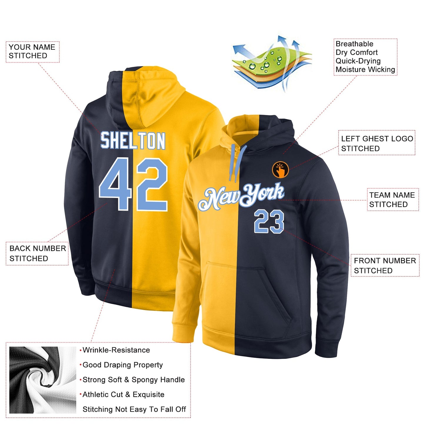 Custom Stitched Gold Light Blue-Navy Split Fashion Sports Pullover Sweatshirt Hoodie view 4