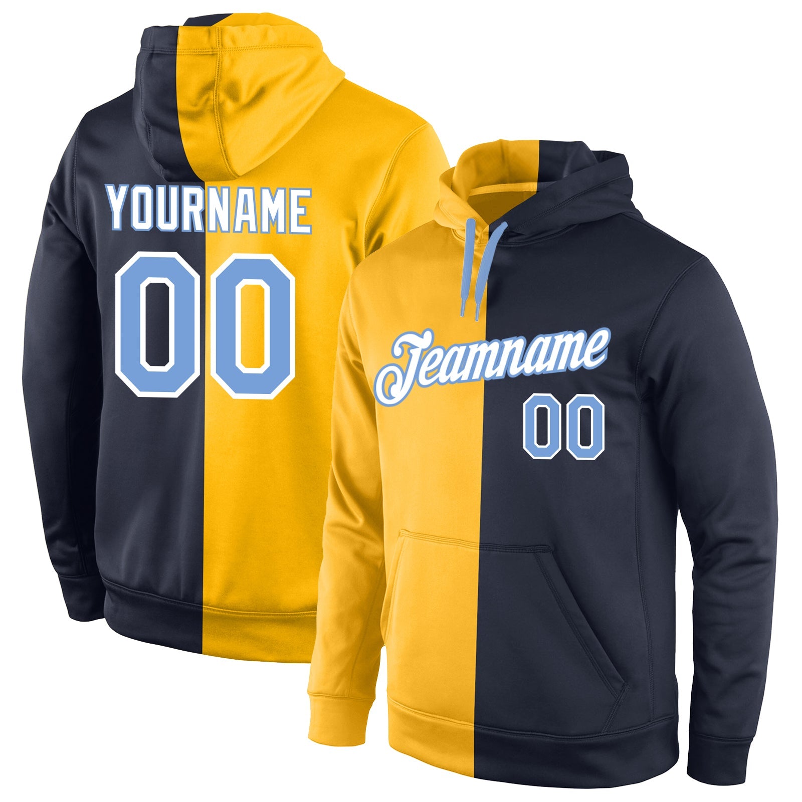 Custom Stitched Gold Light Blue-Navy Split Fashion Sports Pullover Sweatshirt Hoodie - Main View
