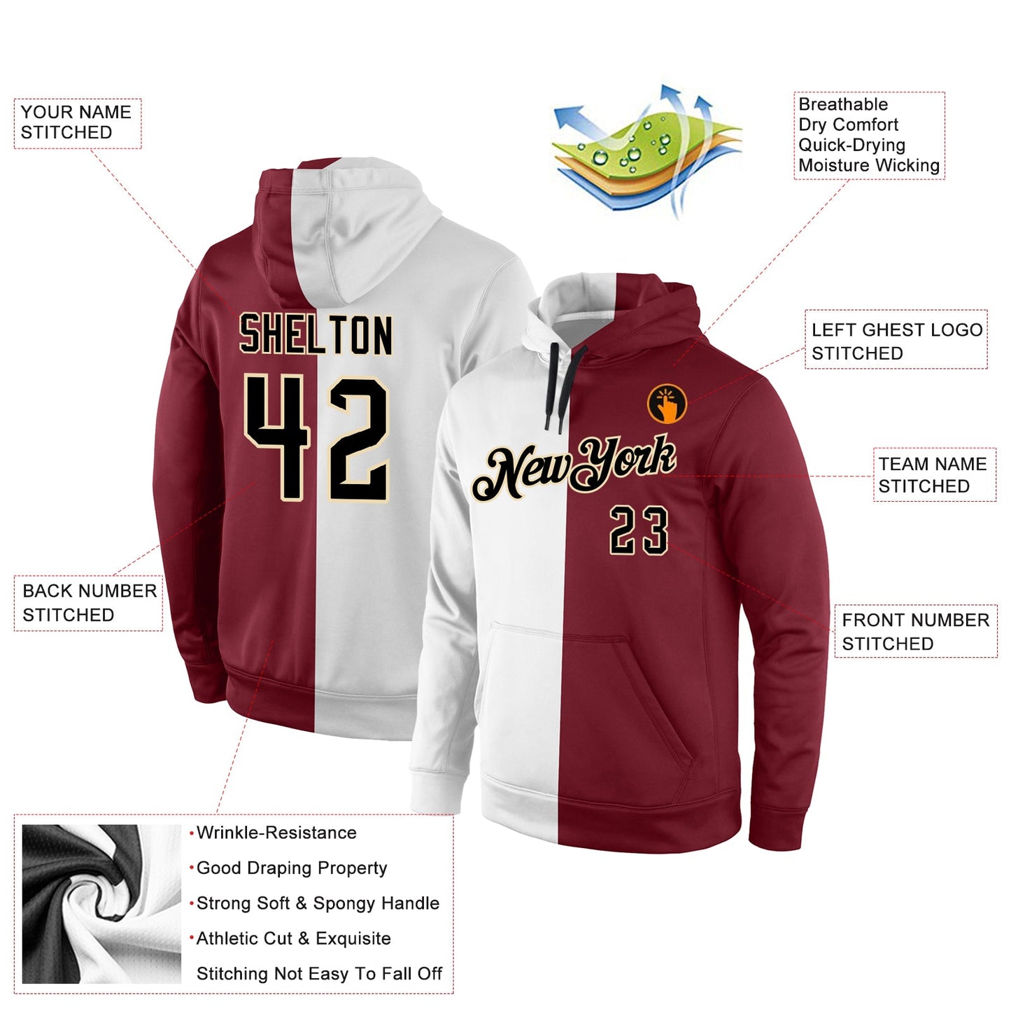 Custom Stitched White Black-Crimson Split Fashion Sports Pullover Sweatshirt Hoodie view 4