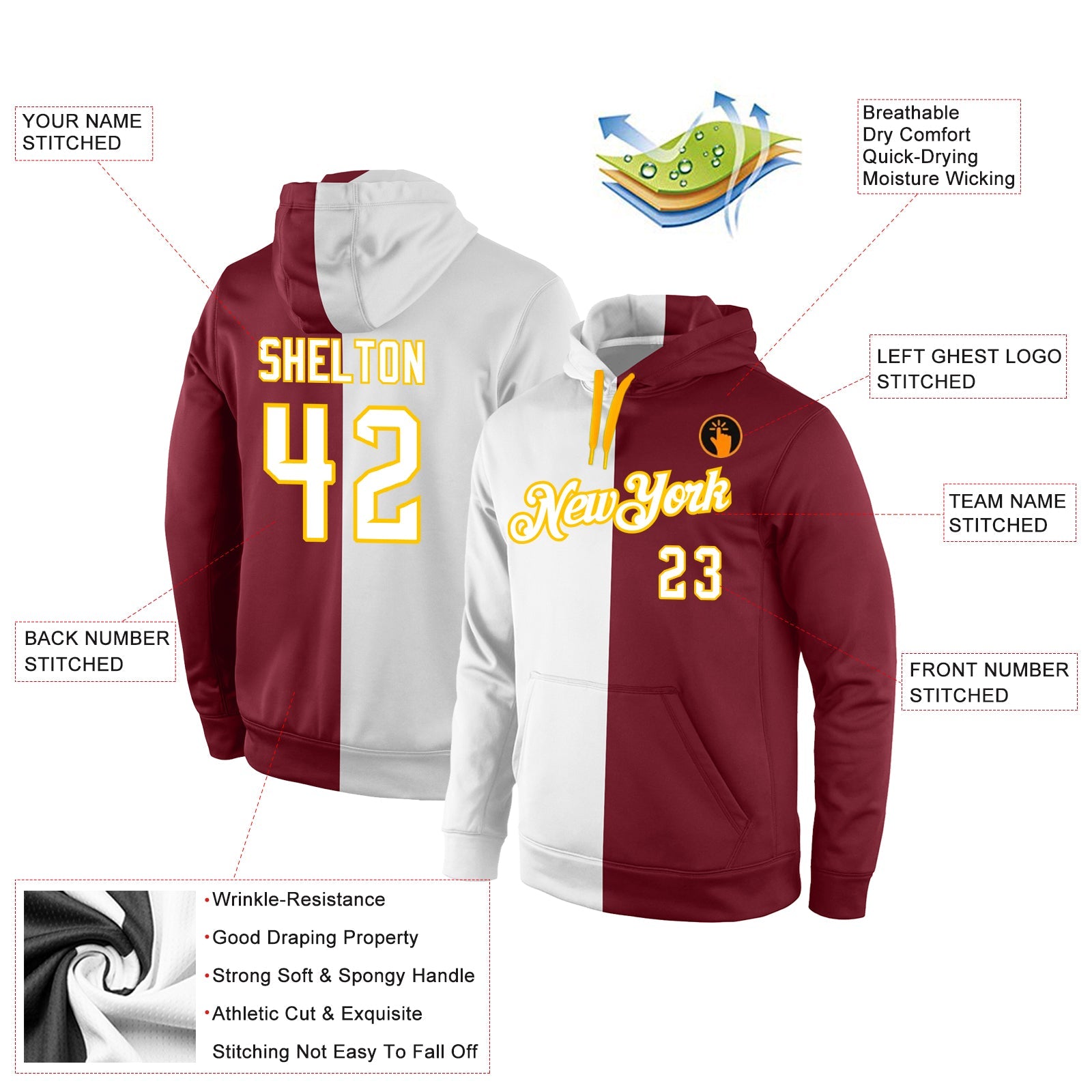 Custom Stitched Crimson White-Gold Split Fashion Sports Pullover Sweatshirt Hoodie view 4