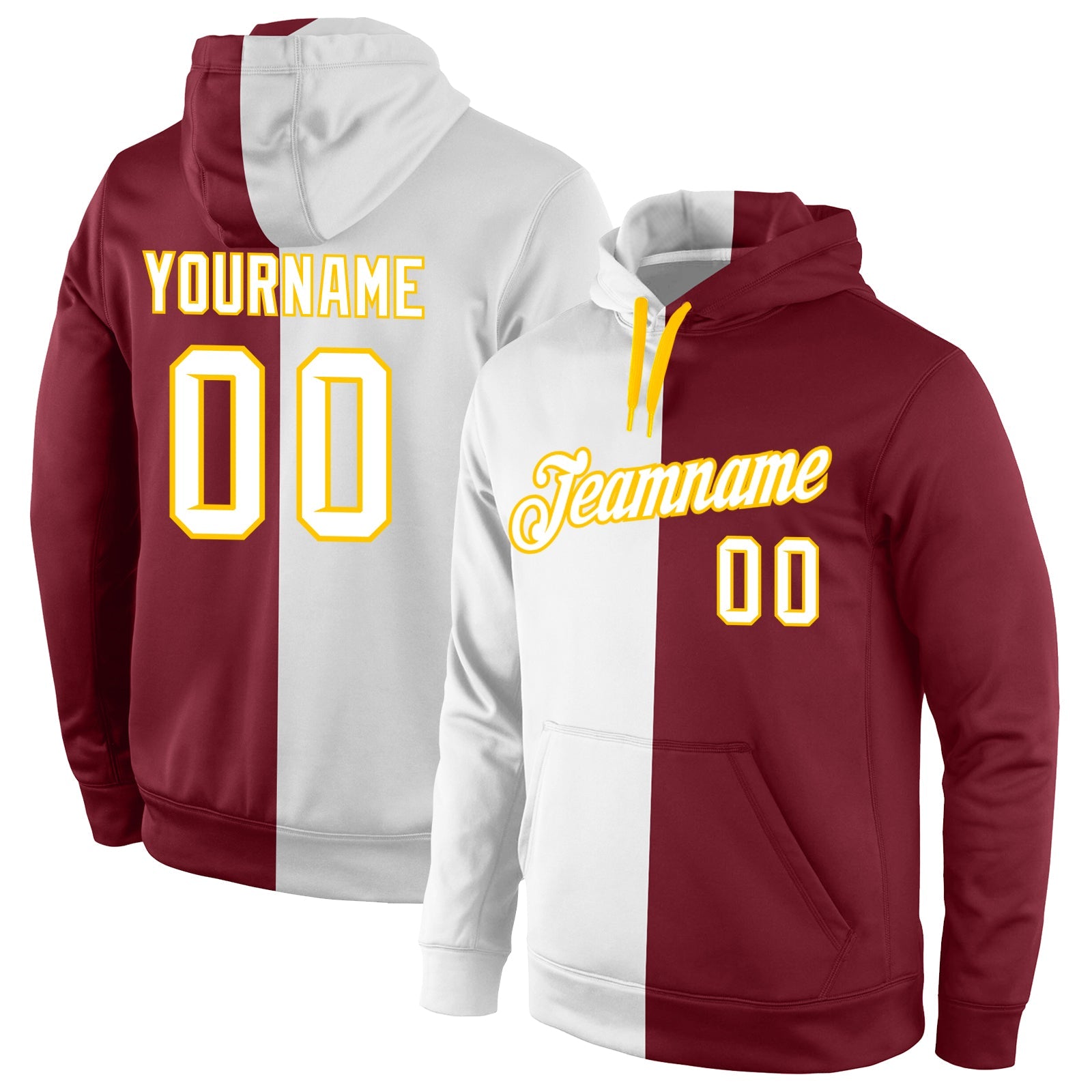 Custom Stitched Crimson White-Gold Split Fashion Sports Pullover Sweatshirt Hoodie - Main View