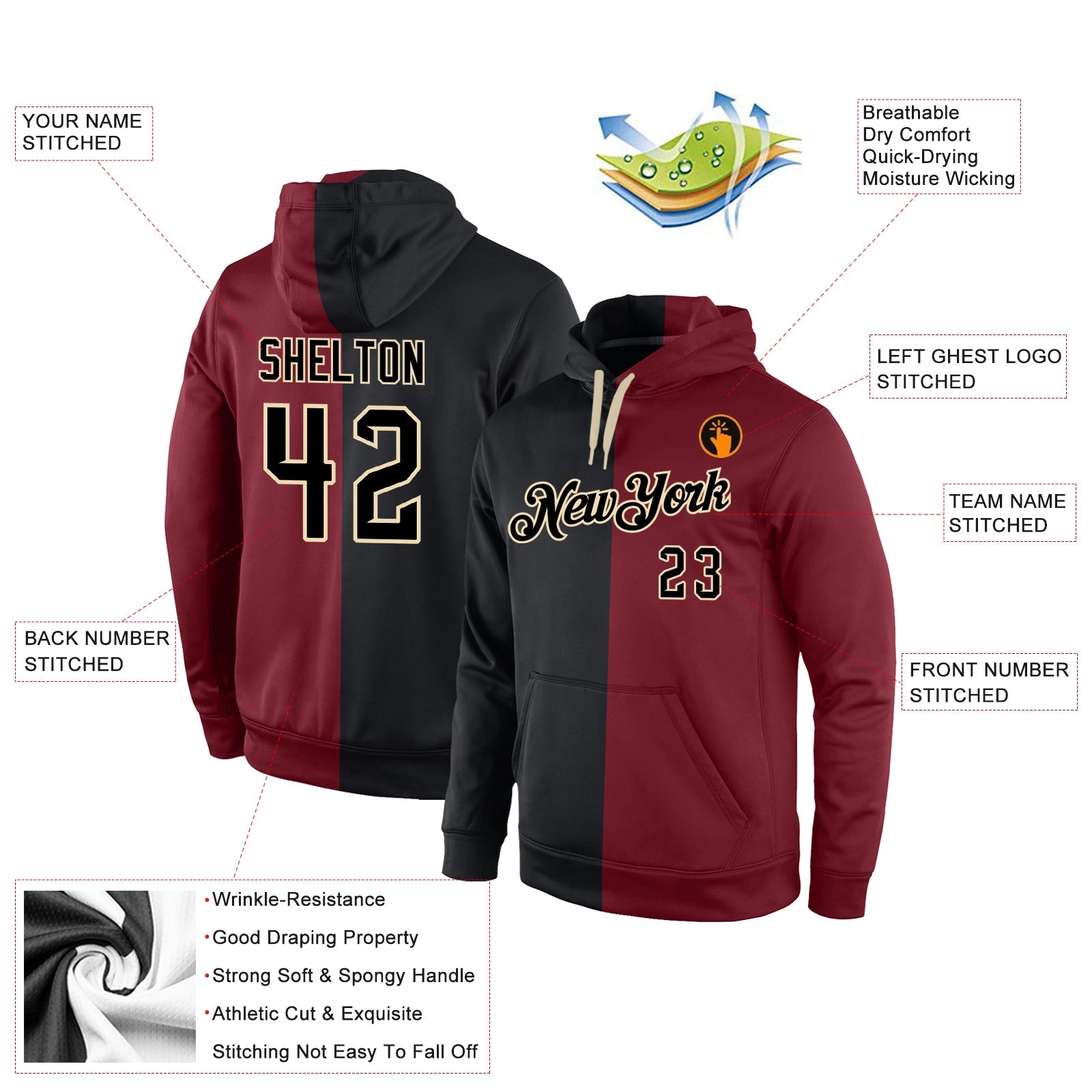 Custom Stitched Crimson Black-Cream Split Fashion Sports Pullover Sweatshirt Hoodie view 4