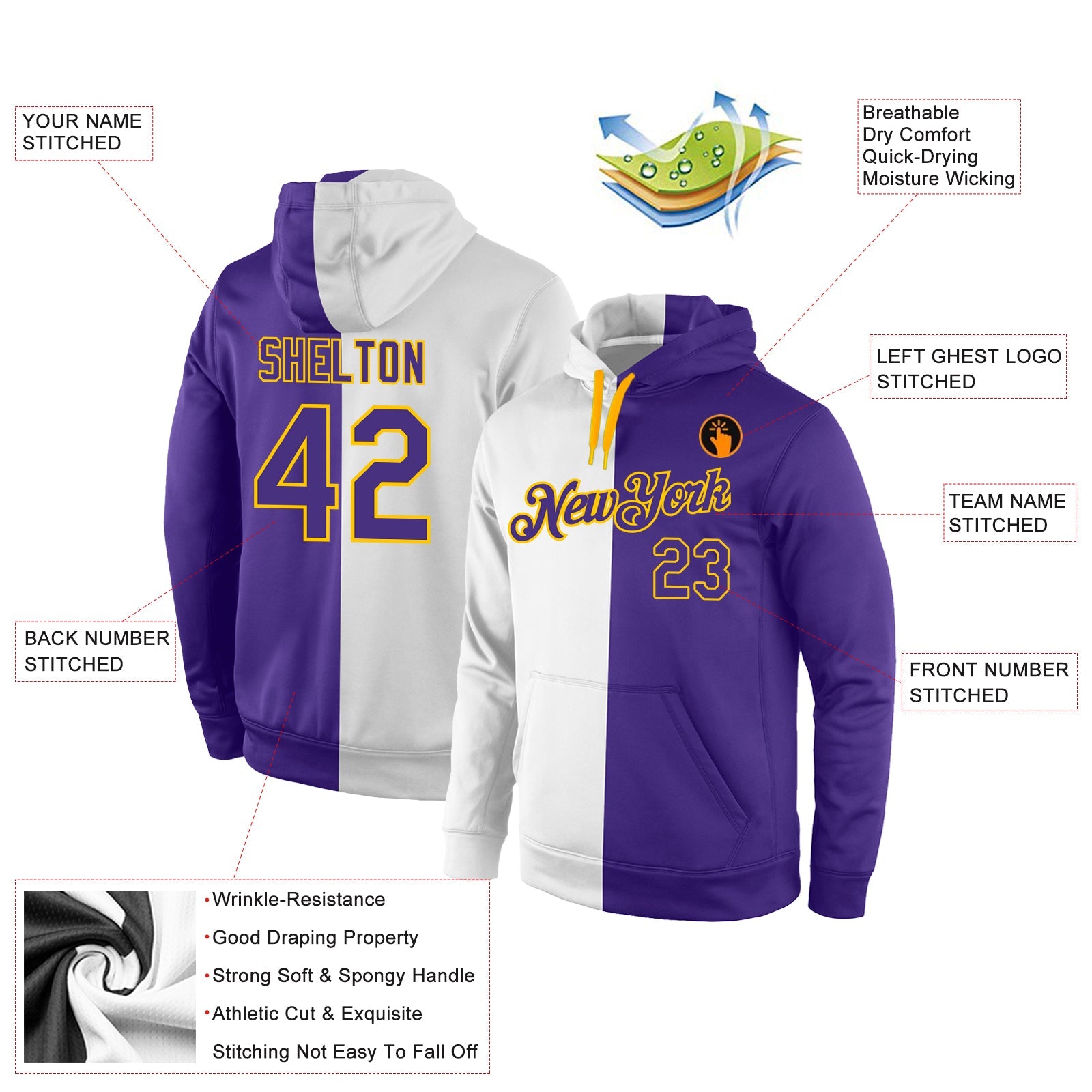 Custom Stitched White Purple-Gold Split Fashion Sports Pullover Sweatshirt Hoodie view 4
