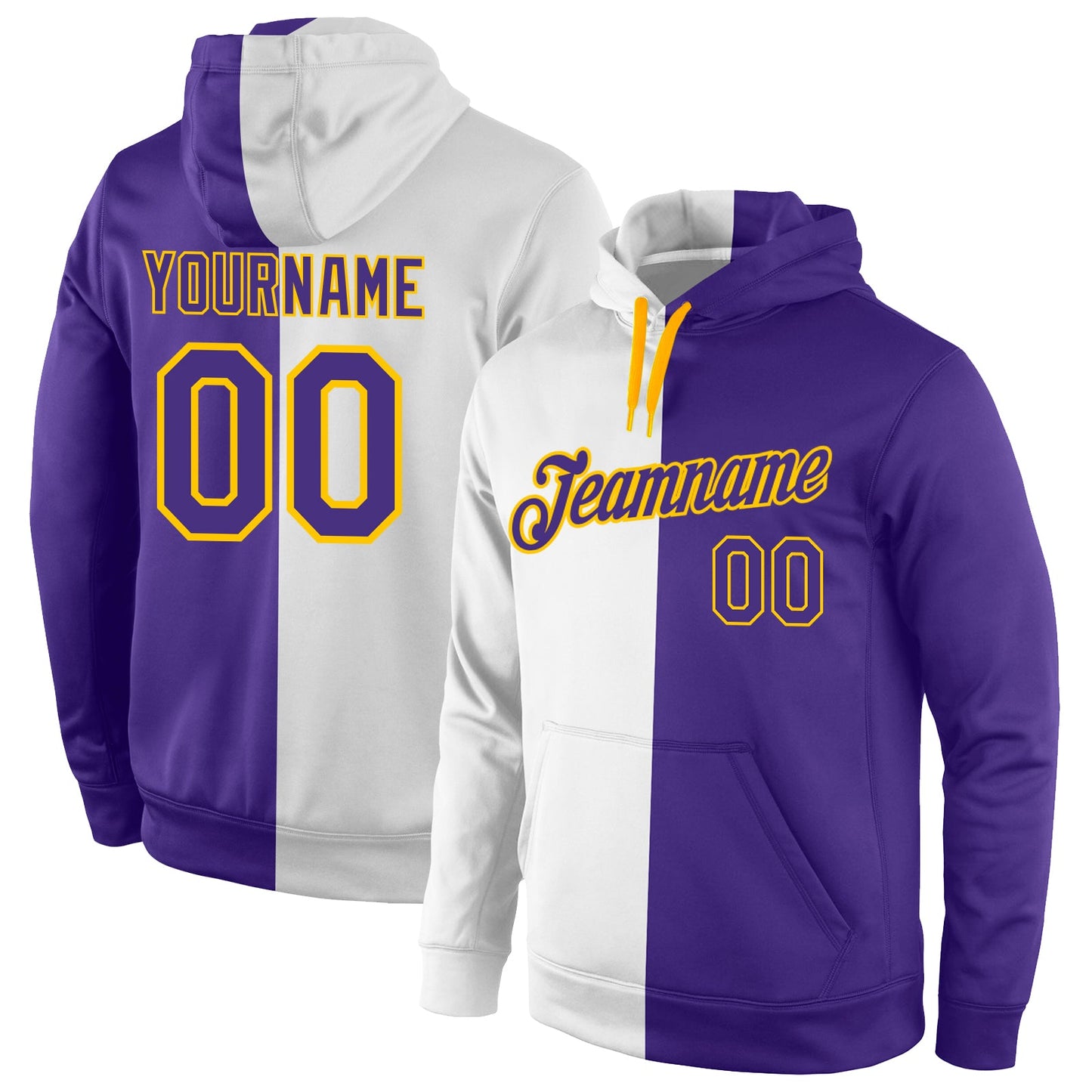 Custom Stitched White Purple-Gold Split Fashion Sports Pullover Sweatshirt Hoodie - Main View