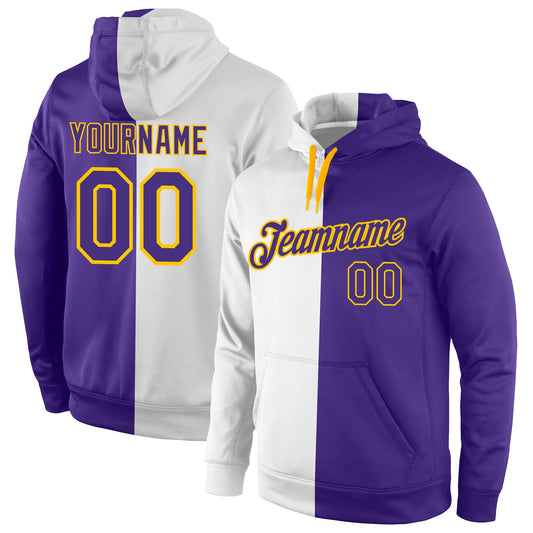 Custom Stitched White Purple-Gold Split Fashion Sports Pullover Sweatshirt Hoodie - Main View