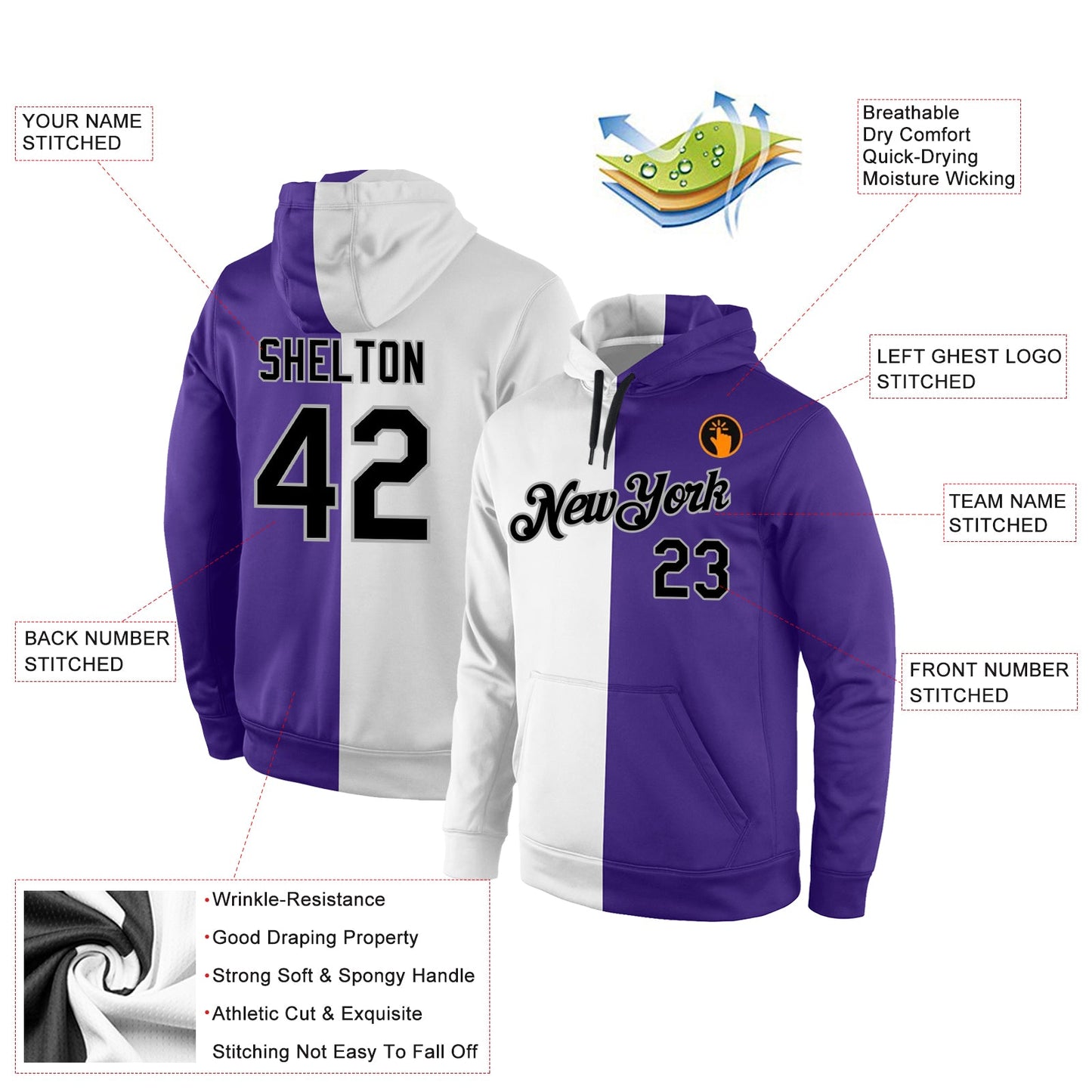 Custom Stitched White Black-Purple Split Fashion Sports Pullover Sweatshirt Hoodie view 4