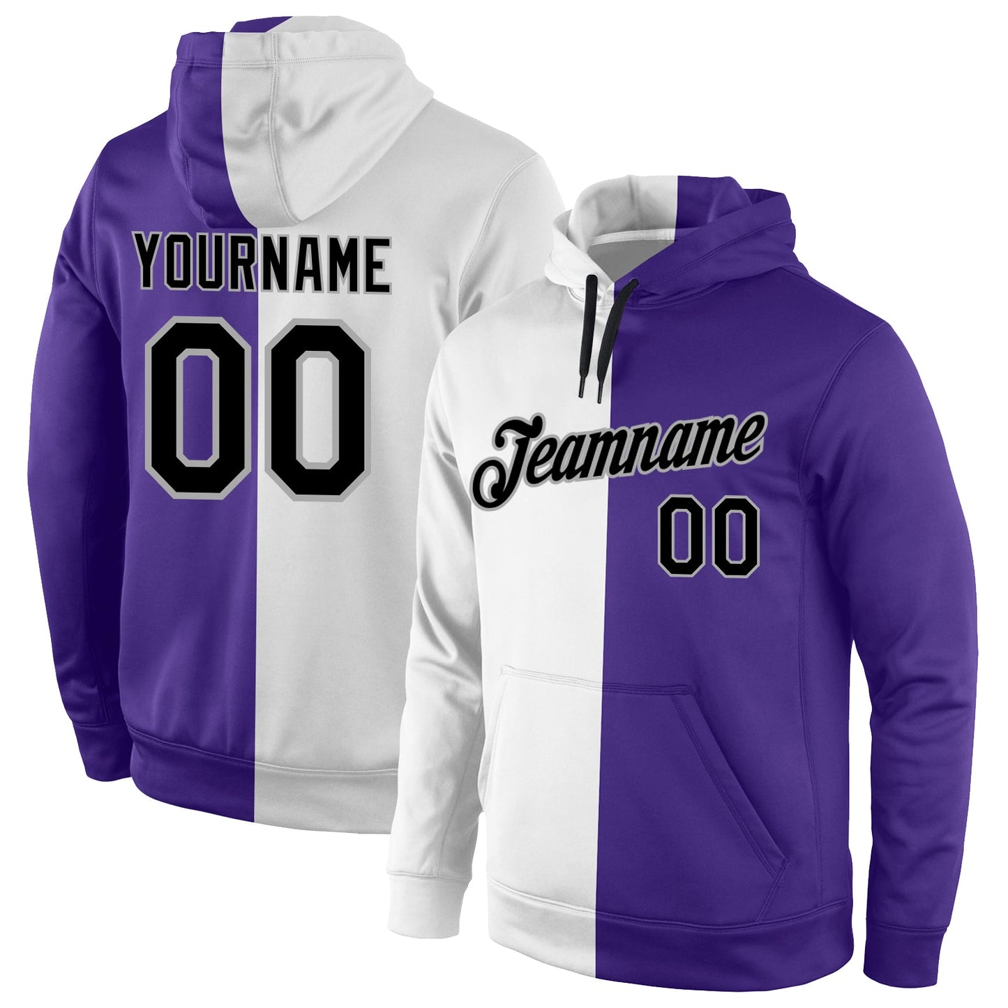 Custom Stitched White Black-Purple Split Fashion Sports Pullover Sweatshirt Hoodie - Main View