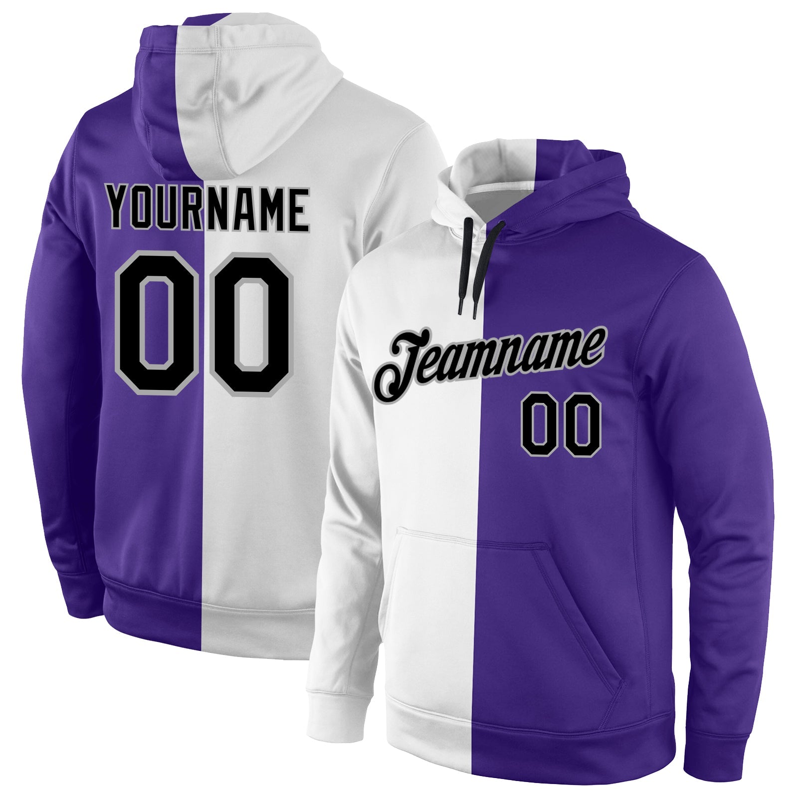 Custom Stitched White Black-Purple Split Fashion Sports Pullover Sweatshirt Hoodie - Main View