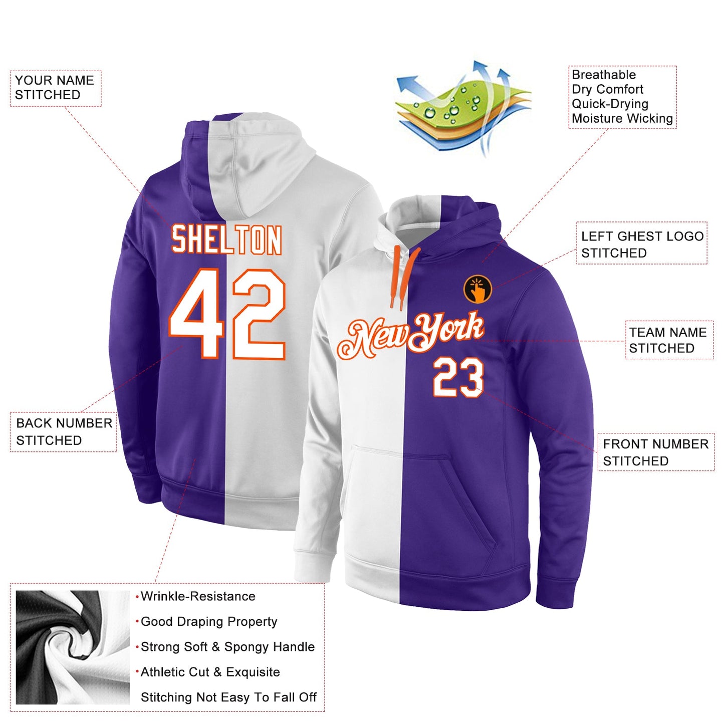 Custom Stitched Purple White-Orange Split Fashion Sports Pullover Sweatshirt Hoodie view 4