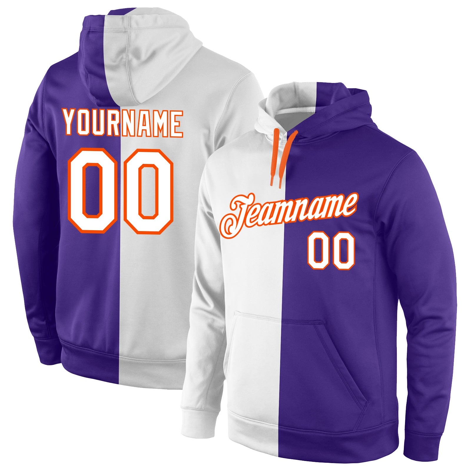 Custom Stitched Purple White-Orange Split Fashion Sports Pullover Sweatshirt Hoodie - Main View