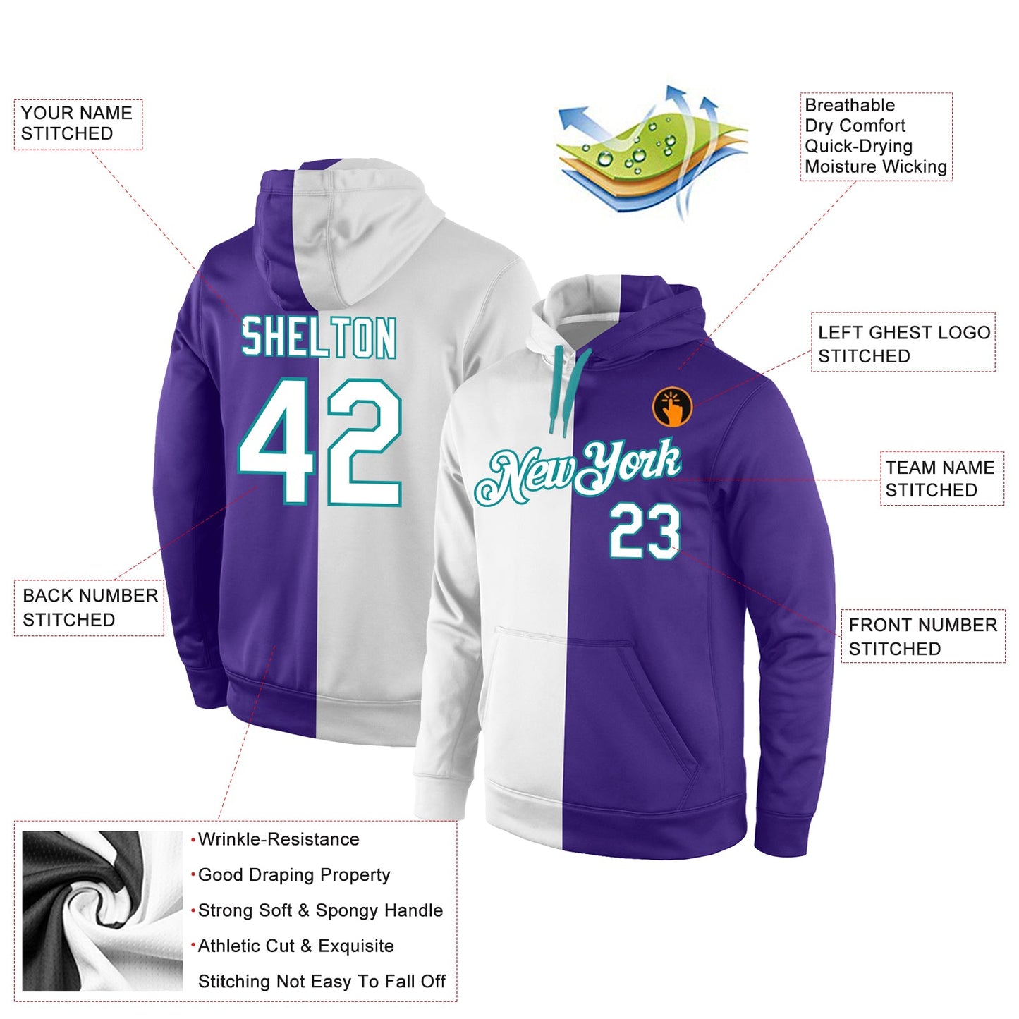 Custom Stitched Purple White-Aqua Split Fashion Sports Pullover Sweatshirt Hoodie view 4