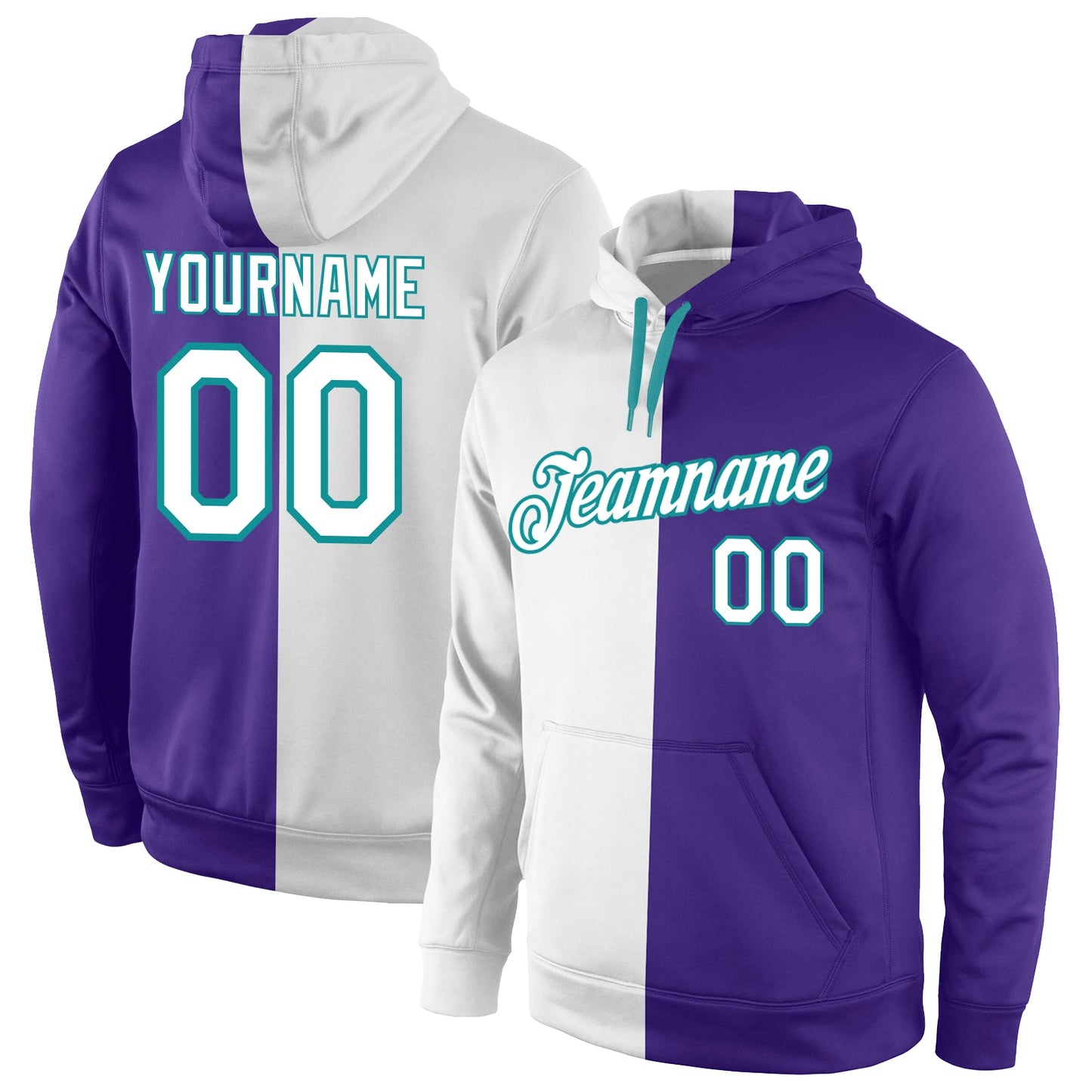 Custom Stitched Purple White-Aqua Split Fashion Sports Pullover Sweatshirt Hoodie - Main View