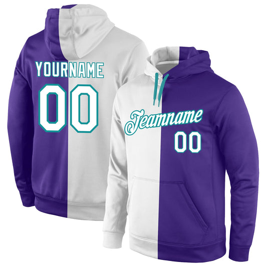 Custom Stitched Purple White-Aqua Split Fashion Sports Pullover Sweatshirt Hoodie - Main View