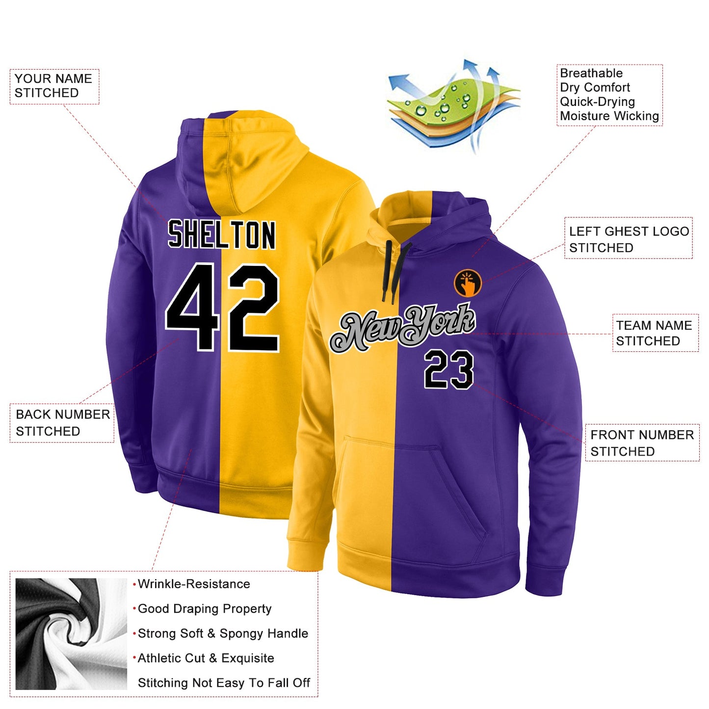 Custom Stitched Gold Black-Purple Split Fashion Sports Pullover Sweatshirt Hoodie view 4