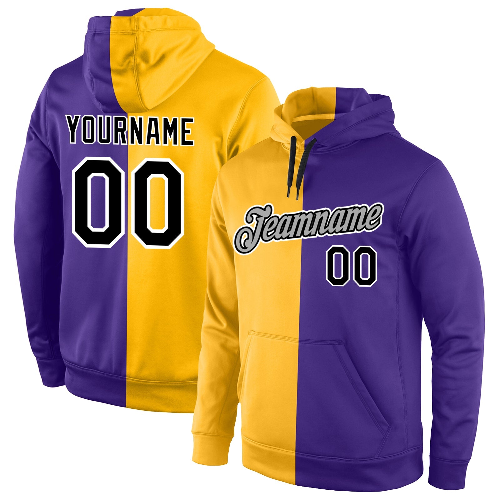 Custom Stitched Gold Black-Purple Split Fashion Sports Pullover Sweatshirt Hoodie - Main View