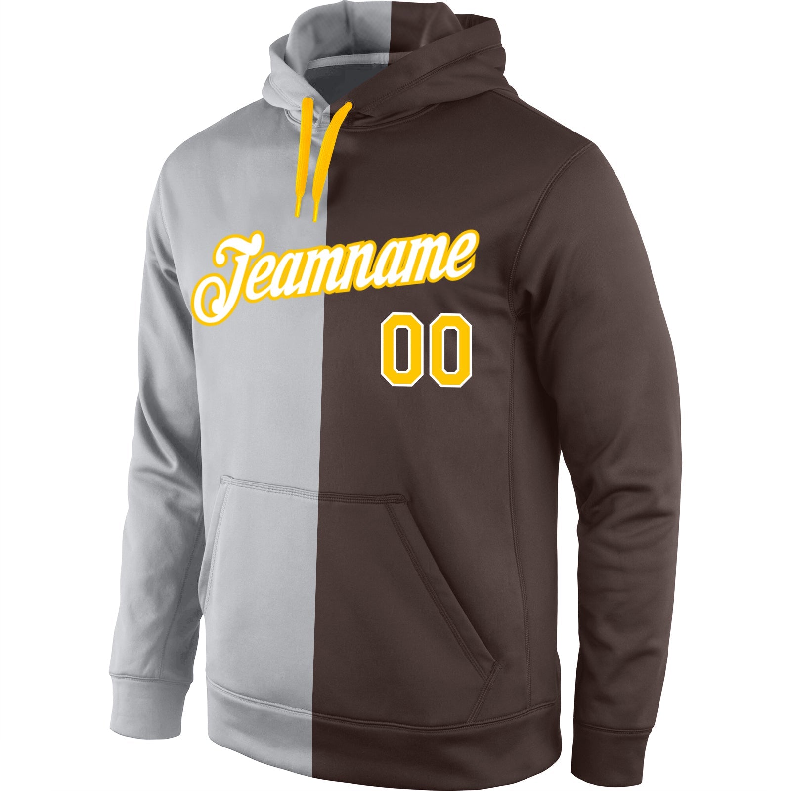 Custom Stitched Gray Gold-Brown Split Fashion Sports Pullover Sweatshirt Hoodie view 2