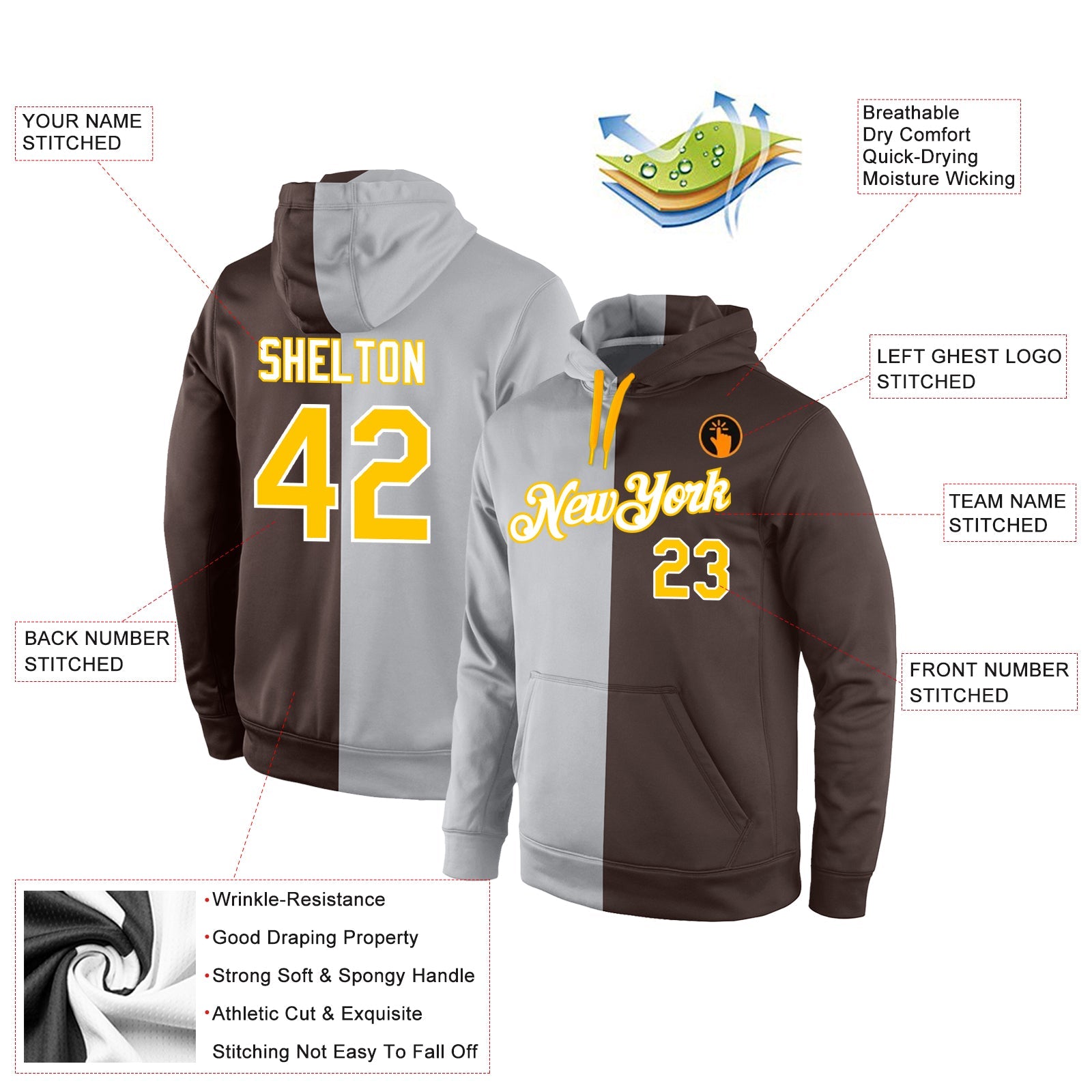 Custom Stitched Gray Gold-Brown Split Fashion Sports Pullover Sweatshirt Hoodie view 4