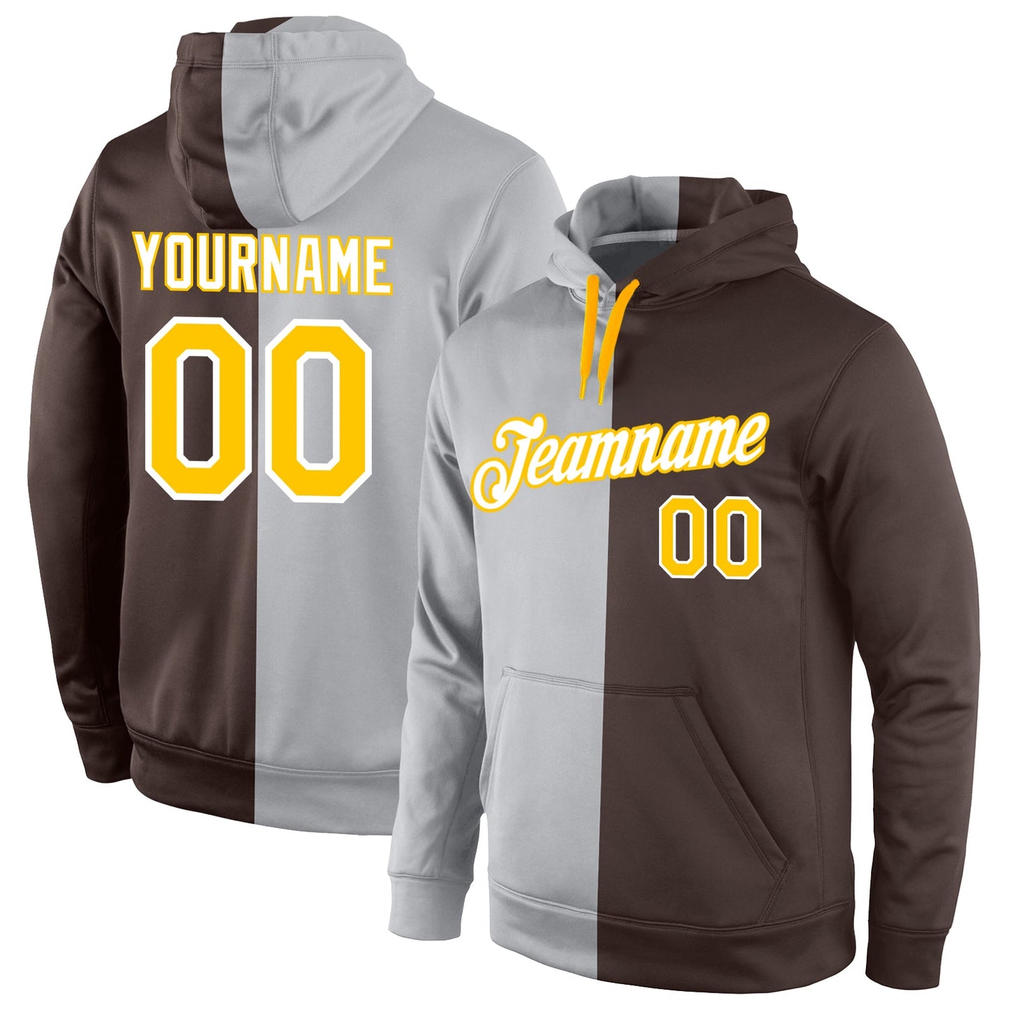 Custom Stitched Gray Gold-Brown Split Fashion Sports Pullover Sweatshirt Hoodie - Main View