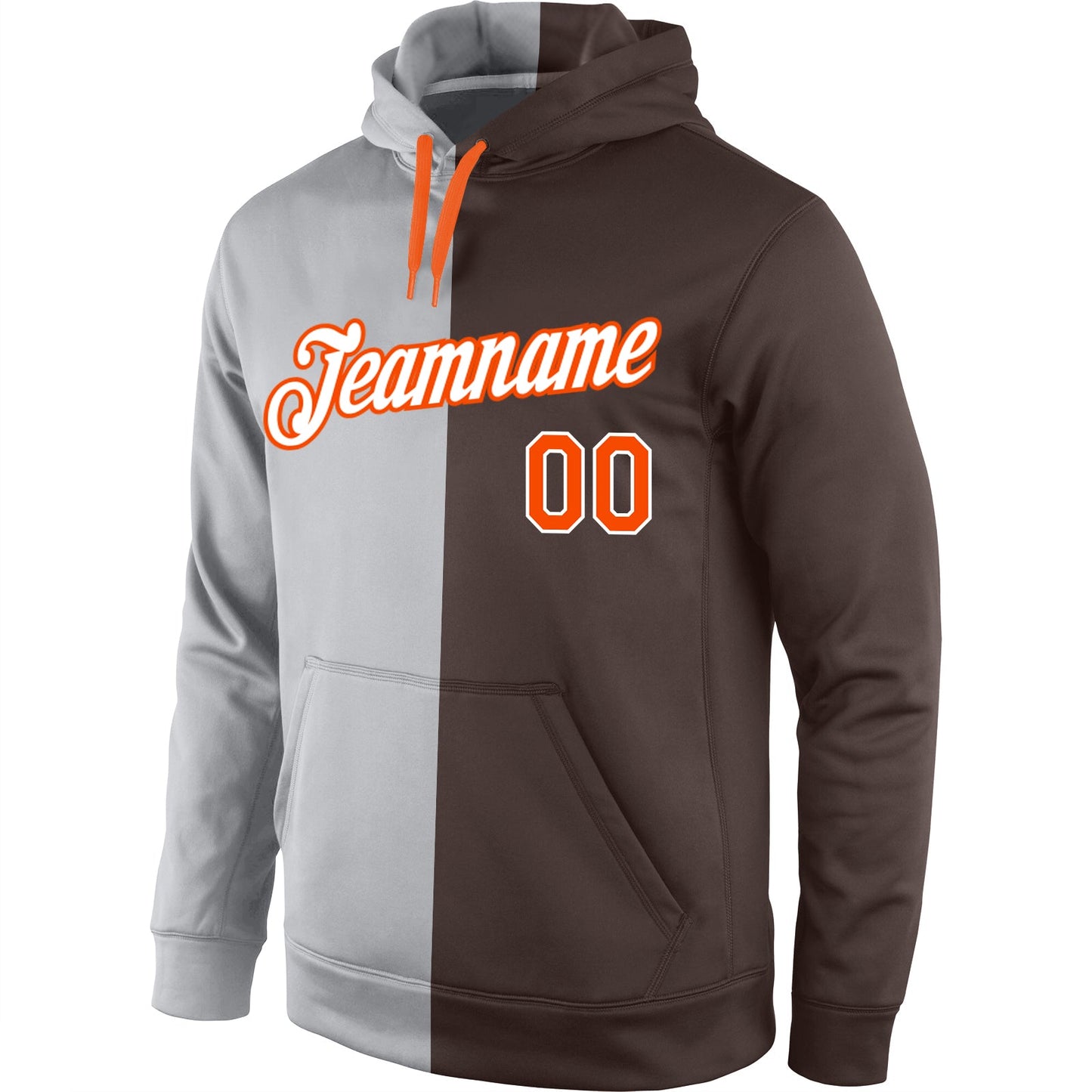 Custom Stitched Gray Orange-Brown Split Fashion Sports Pullover Sweatshirt Hoodie view 2