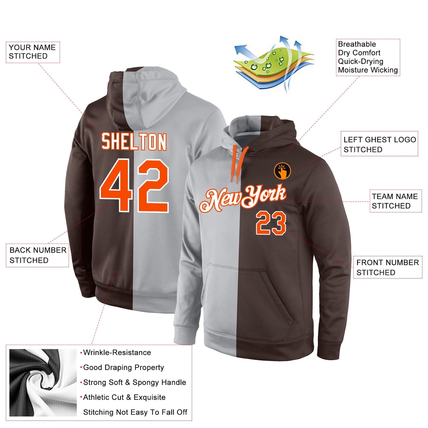 Custom Stitched Gray Orange-Brown Split Fashion Sports Pullover Sweatshirt Hoodie view 4