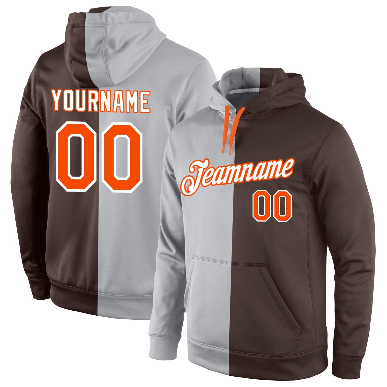 Custom Stitched Gray Orange-Brown Split Fashion Sports Pullover Sweatshirt Hoodie - Main View