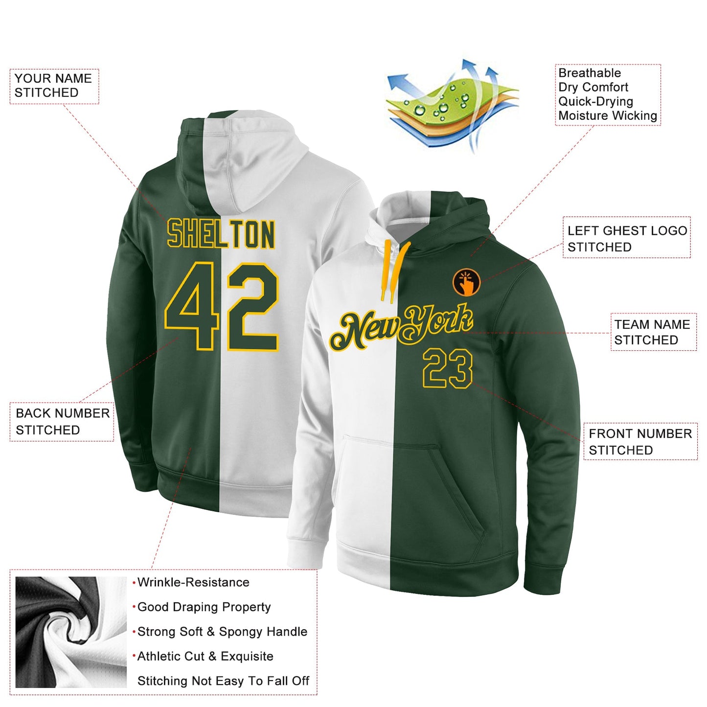 Custom Stitched White Green-Gold Split Fashion Sports Pullover Sweatshirt Hoodie view 4