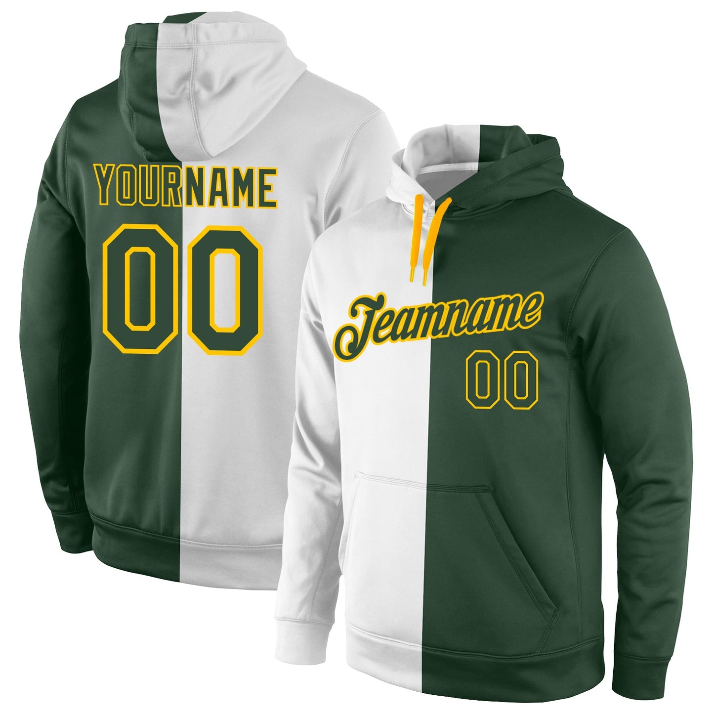 Custom Stitched White Green-Gold Split Fashion Sports Pullover Sweatshirt Hoodie - Main View