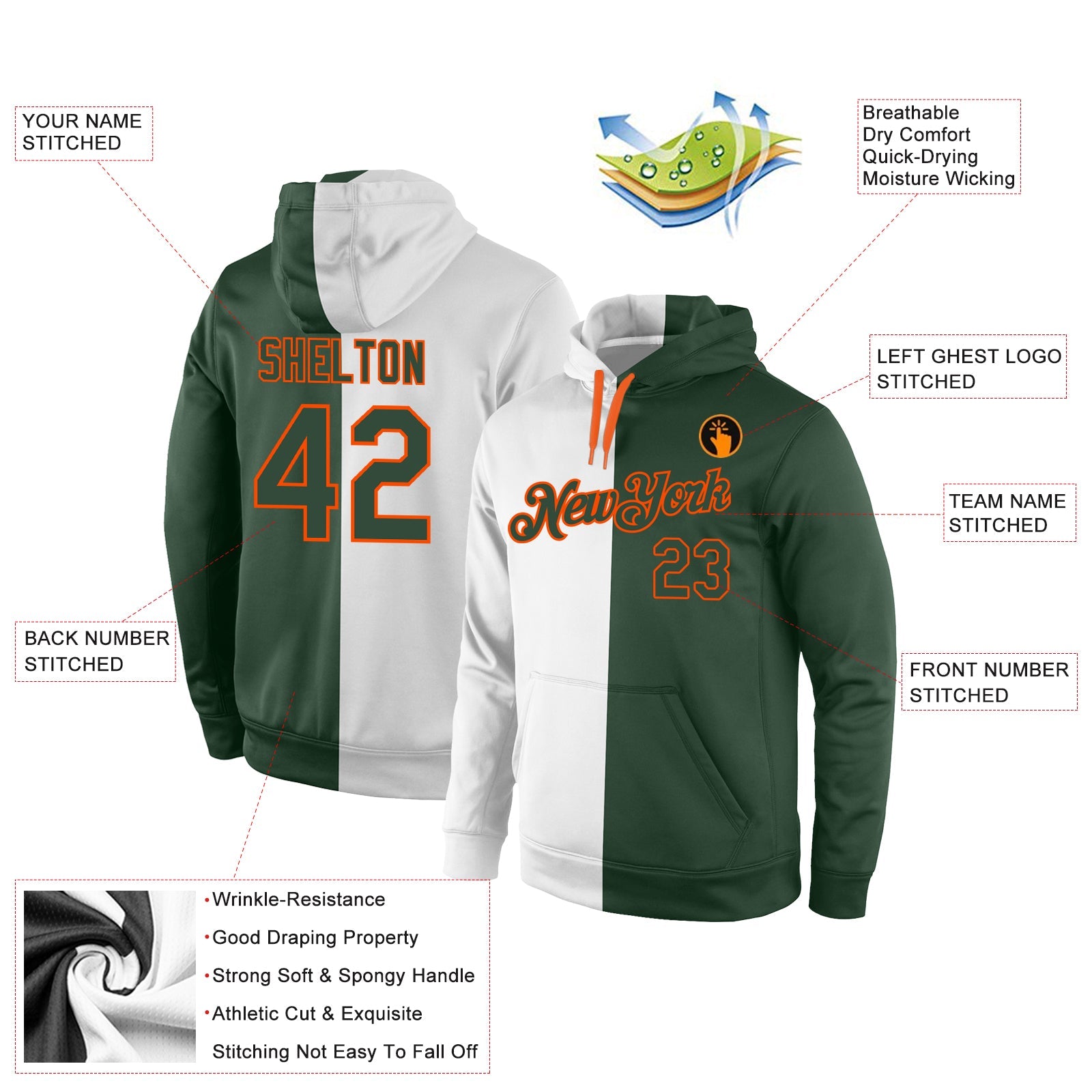 Custom Stitched White Green-Orange Split Fashion Sports Pullover Sweatshirt Hoodie view 4