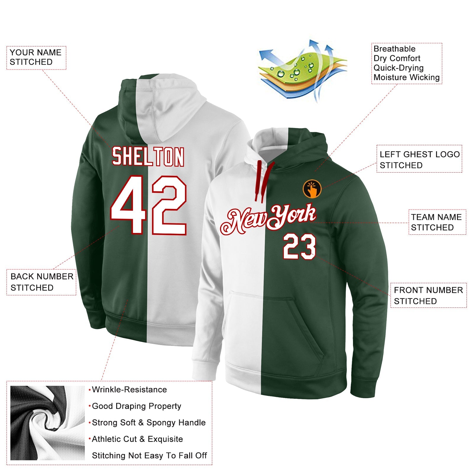 Custom Stitched Green White-Red Split Fashion Sports Pullover Sweatshirt Hoodie view 4