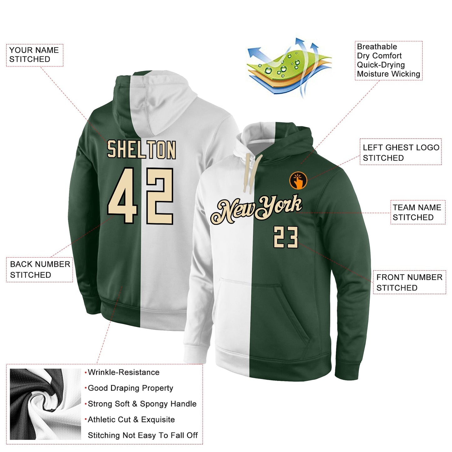 Custom Stitched White Cream-Green Split Fashion Sports Pullover Sweatshirt Hoodie view 4