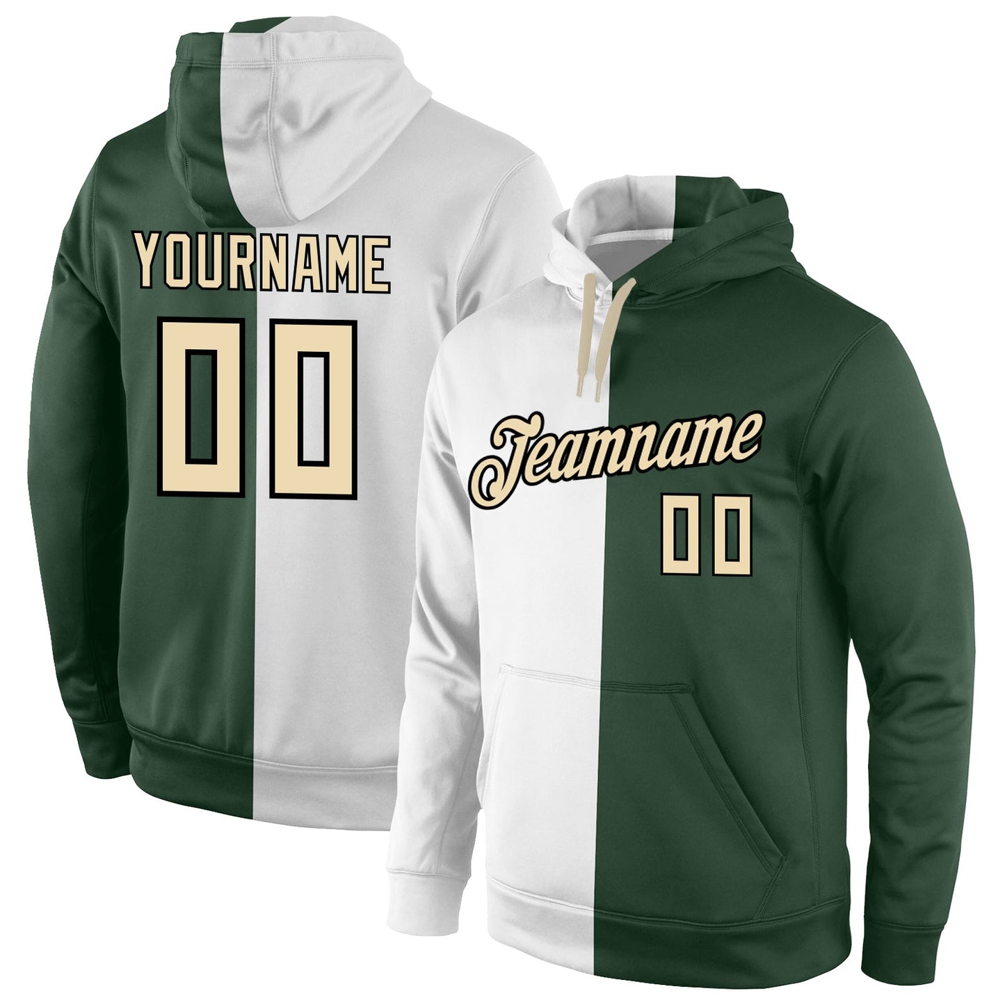 Custom Stitched White Cream-Green Split Fashion Sports Pullover Sweatshirt Hoodie - Main View