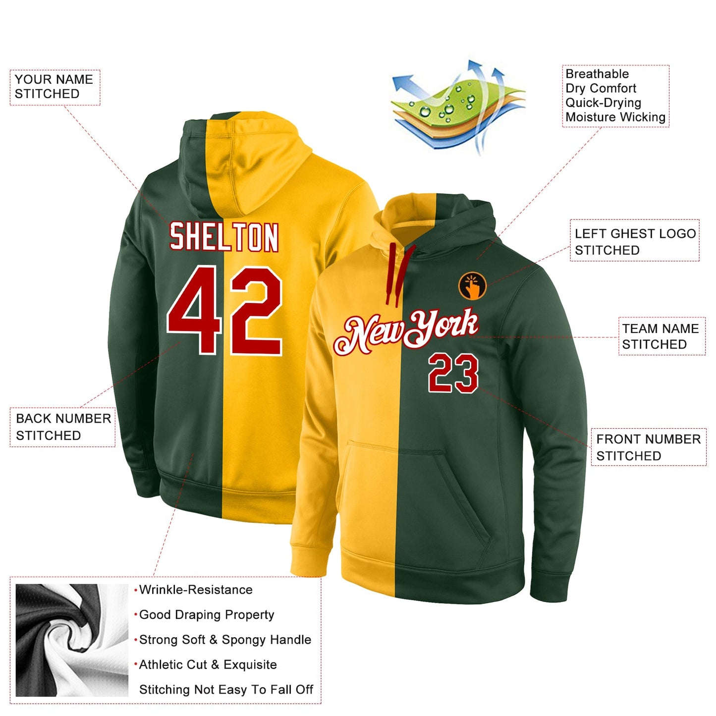 Custom Stitched Gold Red-Green Split Fashion Sports Pullover Sweatshirt Hoodie view 4