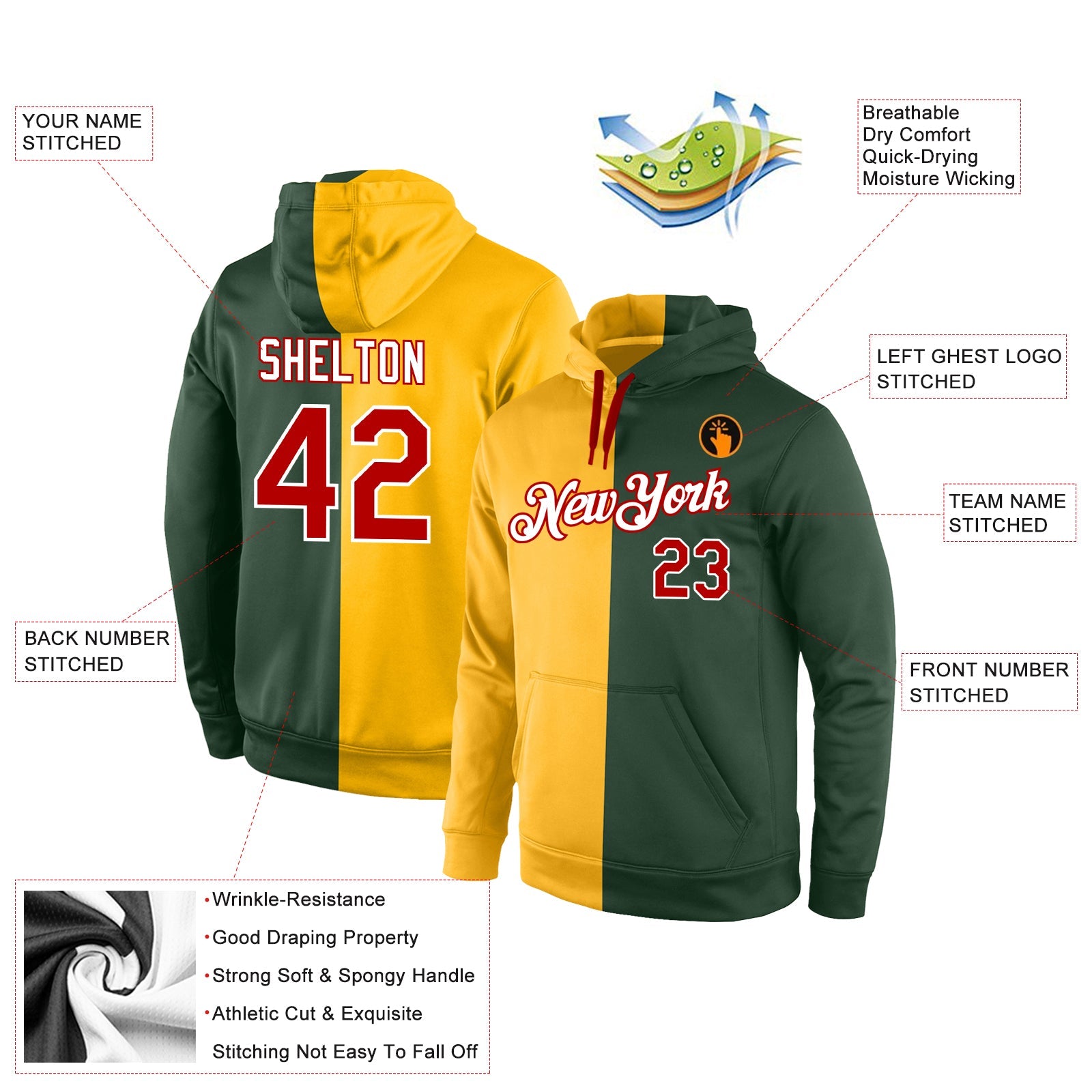 Custom Stitched Gold Red-Green Split Fashion Sports Pullover Sweatshirt Hoodie view 4