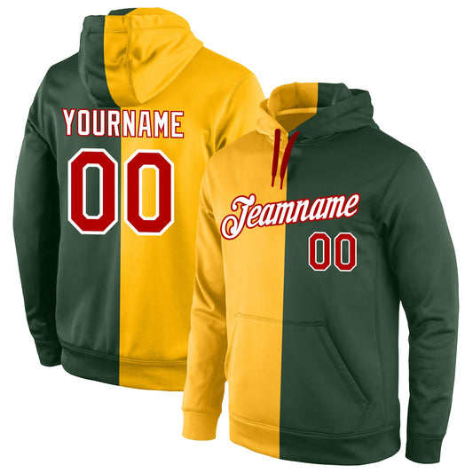 Custom Stitched Gold Red-Green Split Fashion Sports Pullover Sweatshirt Hoodie - Main View