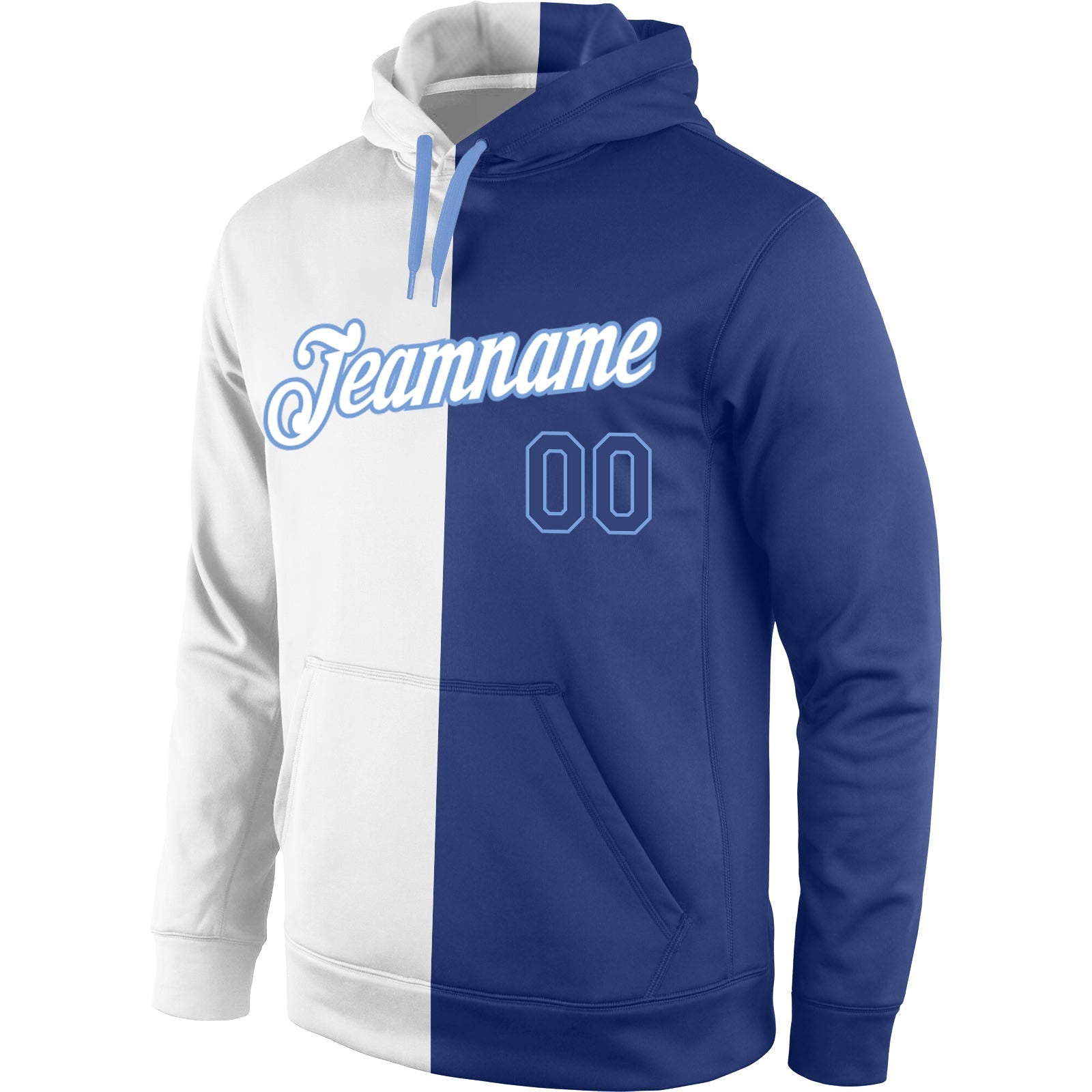 Custom Stitched White Royal-Light Blue Split Fashion Sports Pullover Sweatshirt Hoodie view 2