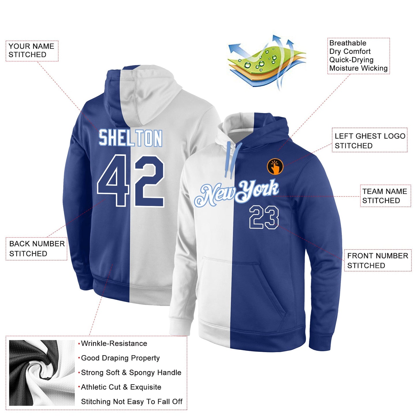 Custom Stitched White Royal-Light Blue Split Fashion Sports Pullover Sweatshirt Hoodie view 4