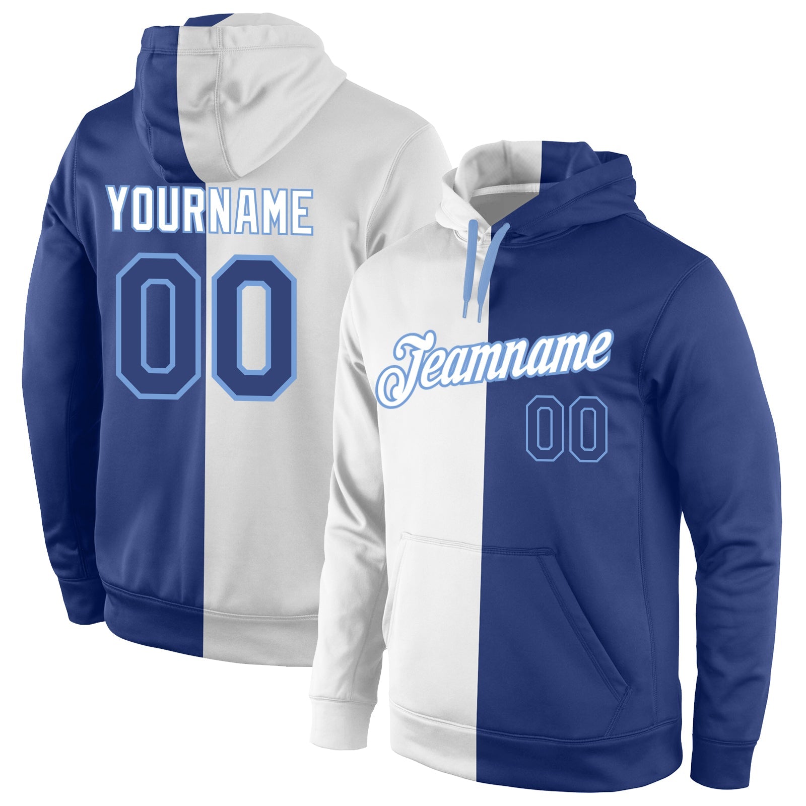Custom Stitched White Royal-Light Blue Split Fashion Sports Pullover Sweatshirt Hoodie - Main View