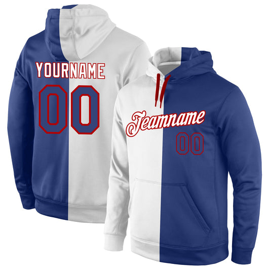 Custom Stitched White Royal-Red Split Fashion Sports Pullover Sweatshirt Hoodie - Main View
