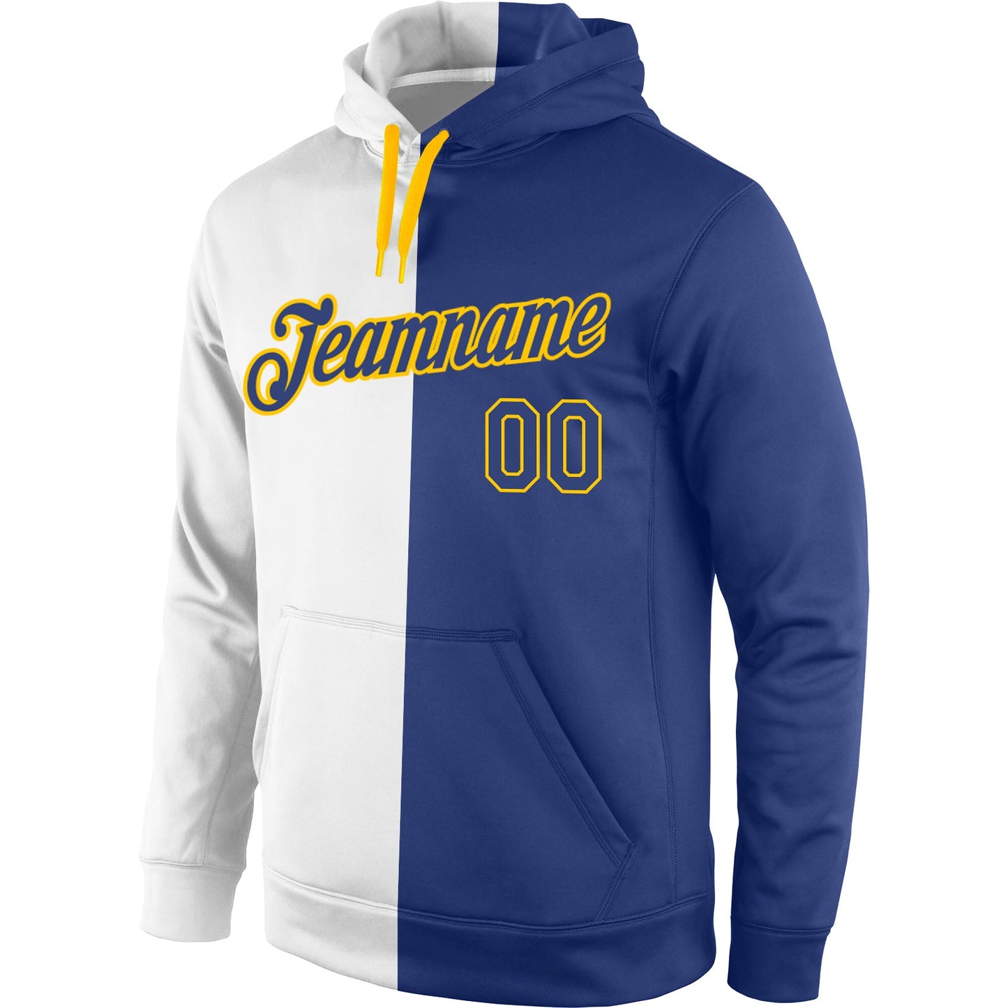 Custom Stitched White Royal-Gold Split Fashion Sports Pullover Sweatshirt Hoodie view 2