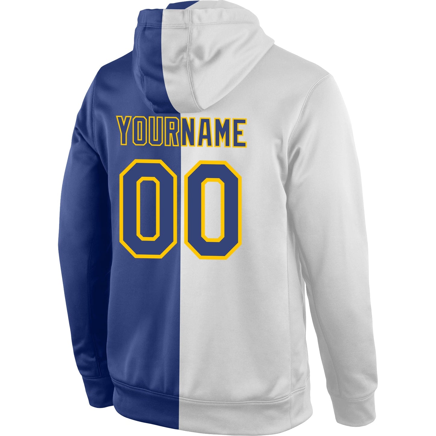 Custom Stitched White Royal-Gold Split Fashion Sports Pullover Sweatshirt Hoodie view 3