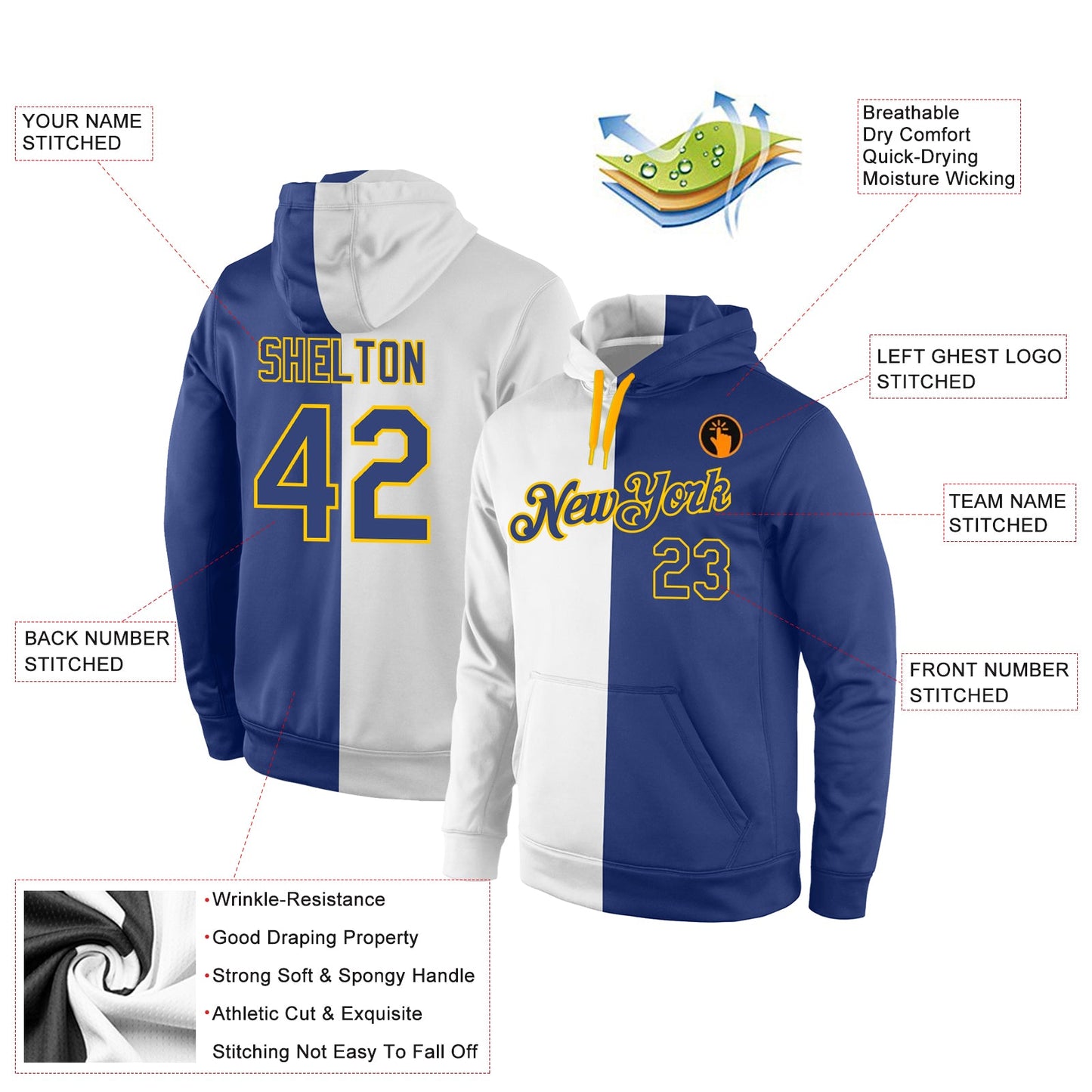 Custom Stitched White Royal-Gold Split Fashion Sports Pullover Sweatshirt Hoodie view 4